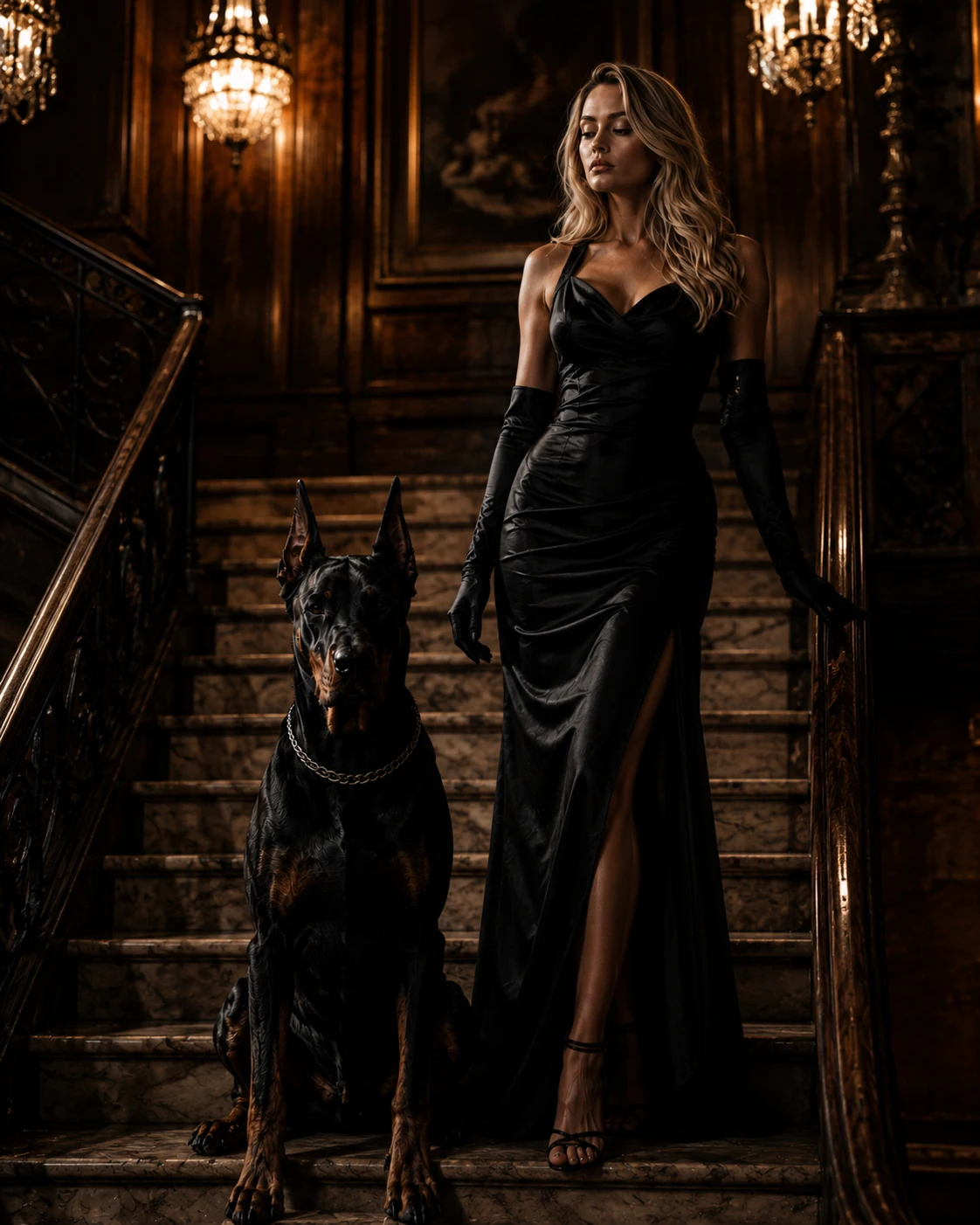 Vera Velvet and Nero on a luxurious dark staircase
