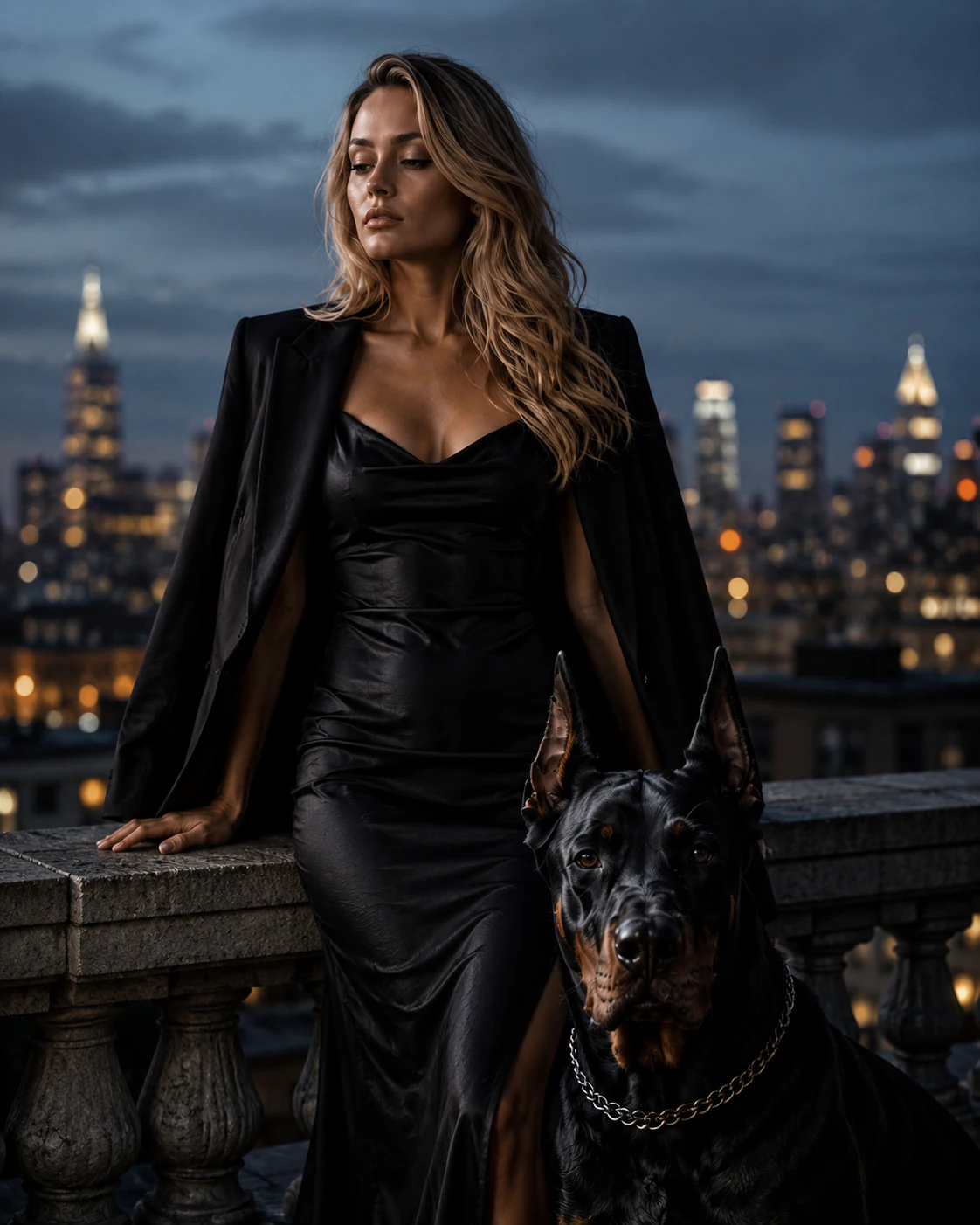 Vera Velvet and Nero in front of a night-time skyline